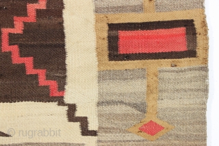 antique navajo rug. Most attractive and boldest storm pattern rug I have encountered. As found, reasonably clean with numerous little pulls and little spots of slight roughness a shown. Soft and supple  ...
