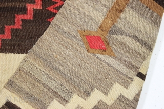 antique navajo rug. Most attractive and boldest storm pattern rug I have encountered. As found, reasonably clean with numerous little pulls and little spots of slight roughness a shown. Soft and supple  ...
