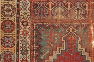 Early turkish mudjar prayer rug. Unusual and attractive borders. As found, very dirty with heavy wear and some damage as shown. All good natural colors.  Other than some edge wrapping I  ...