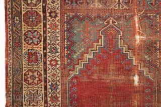 Early turkish mudjar prayer rug. Unusual and attractive borders. As found, very dirty with heavy wear and some damage as shown. All good natural colors.  Other than some edge wrapping I  ...