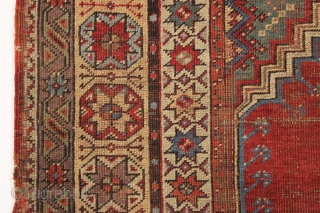 Early turkish mudjar prayer rug. Unusual and attractive borders. As found, very dirty with heavy wear and some damage as shown. All good natural colors.  Other than some edge wrapping I  ...