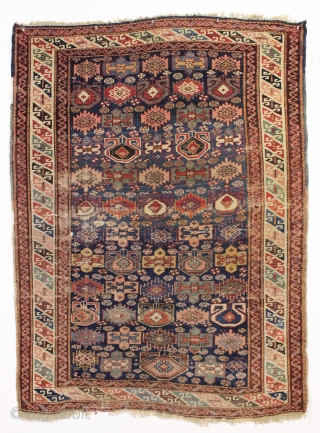 antique seichour kuba rug. Active and interesting field design. Fresh New England rug. All natural colors. As found, very very dirty with some wear, very small hole as shown. Original selvages. Couple  ...