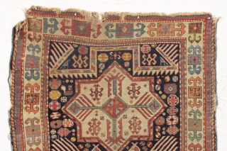 antique caucasian akstafa rug with a most unusual format. Two large conjoined birds form an elegant prayer arch. I do not recall seeing this before. As found, very very dirty with mostly  ...