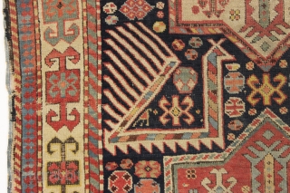 antique caucasian akstafa rug with a most unusual format. Two large conjoined birds form an elegant prayer arch. I do not recall seeing this before. As found, very very dirty with mostly  ...