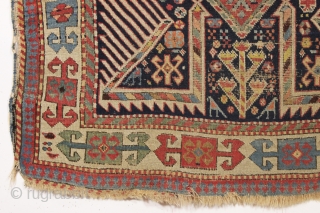 antique caucasian akstafa rug with a most unusual format. Two large conjoined birds form an elegant prayer arch. I do not recall seeing this before. As found, very very dirty with mostly  ...