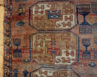 ANTIQUE TURKOMAN  STRANGE CARPET.  INTERESTING DESIGN WITH AN UNUSUAL VARIETY OF TRIBAL ELEMENTS. NEW ENGLAND FIND.  VERY DIRTY.  SOME HEAVY WEAR.  ASSYMETRIC KNOT.  APPEARS TO HAVE  ...