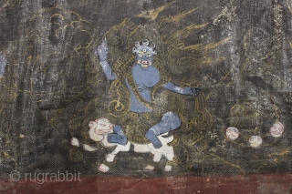 Old painted fragment. Looks tibetan to me. Don't mess with these guys, buy it. 4 1/2" x 23 1/2"              