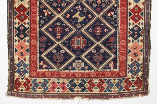Antique seichour kuba rug with an interesting border. Near original condition with overall good thick pile and excellent tight weave. All natural colors including a beautiful old pink. Ends a bit unraveled  ...