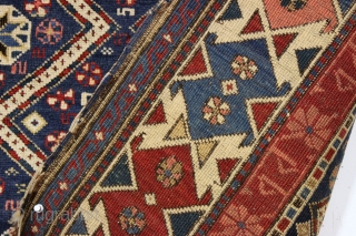 Antique seichour kuba rug with an interesting border. Near original condition with overall good thick pile and excellent tight weave. All natural colors including a beautiful old pink. Ends a bit unraveled  ...
