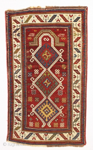 antique kazak prayer rug with inscribed date, 1292 (1875). Beautiful rug in pretty good condition with unusual and elegant drawing. All natural colors featuring an attractive abrashed mahogany red ground. "as found",  ...