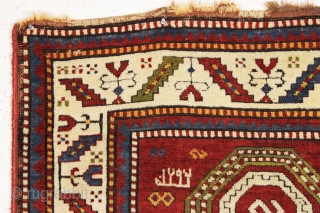 antique kazak prayer rug with inscribed date, 1292 (1875). Beautiful rug in pretty good condition with unusual and elegant drawing. All natural colors featuring an attractive abrashed mahogany red ground. "as found",  ...