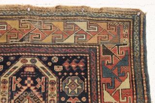 antique caucasian akstafa prayer rug. As found, very very dirty with mostly decent pile but some small damage and edge roughness as shown. Typical good soft colors, should clean up nicely. Oxidized  ...