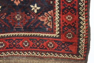 antique baluch rug with an interesting design and absurdly long kelim ends. Recent New England find. a very unusual combination of mina khani elements. As found, very dirty with mostly thick long  ...