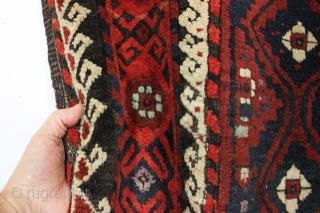 antique baluch rug with an interesting design and absurdly long kelim ends. Recent New England find. a very unusual combination of mina khani elements. As found, very dirty with mostly thick long  ...