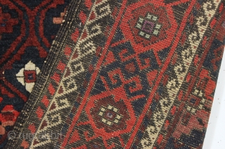 antique baluch rug with an interesting design and absurdly long kelim ends. Recent New England find. a very unusual combination of mina khani elements. As found, very dirty with mostly thick long  ...