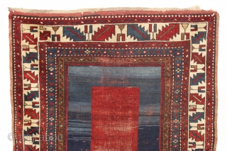 antique kazak rug with an entrancing minimalist field. Recent New England find, very dirty with overall wear, creases and slight end unraveling. Still, an object of some beauty. Good colors, good age.  ...