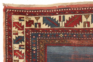 antique kazak rug with an entrancing minimalist field. Recent New England find, very dirty with overall wear, creases and slight end unraveling. Still, an object of some beauty. Good colors, good age.  ...