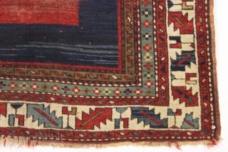 antique kazak rug with an entrancing minimalist field. Recent New England find, very dirty with overall wear, creases and slight end unraveling. Still, an object of some beauty. Good colors, good age.  ...