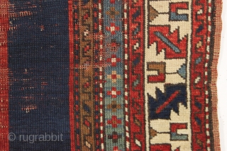 antique kazak rug with an entrancing minimalist field. Recent New England find, very dirty with overall wear, creases and slight end unraveling. Still, an object of some beauty. Good colors, good age.  ...