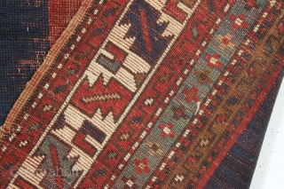 antique kazak rug with an entrancing minimalist field. Recent New England find, very dirty with overall wear, creases and slight end unraveling. Still, an object of some beauty. Good colors, good age.  ...