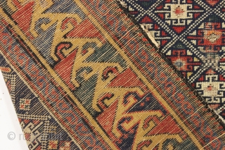 antique very small caucasian shirvan rug with an unusual design and a lovely yellow border. Very fine weave. Supple, cloth like handle. As found, with mostly even tight pile, some scattered wear  ...