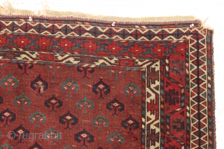 antique turkoman yomud ensi with an eye catching blue elem panel. Older example with fine weave and beautiful natural colors including attractive light blues and very nice greens. Mostly good even pile  ...