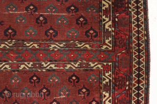 antique turkoman yomud ensi with an eye catching blue elem panel. Older example with fine weave and beautiful natural colors including attractive light blues and very nice greens. Mostly good even pile  ...