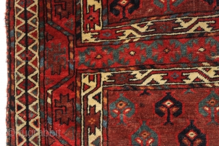 antique turkoman yomud ensi with an eye catching blue elem panel. Older example with fine weave and beautiful natural colors including attractive light blues and very nice greens. Mostly good even pile  ...