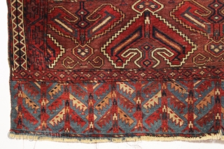 antique turkoman yomud ensi with an eye catching blue elem panel. Older example with fine weave and beautiful natural colors including attractive light blues and very nice greens. Mostly good even pile  ...