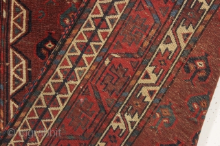 antique turkoman yomud ensi with an eye catching blue elem panel. Older example with fine weave and beautiful natural colors including attractive light blues and very nice greens. Mostly good even pile  ...