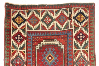 antique moghan long rug with absolutely beautiful natural colors and overall good condition for a genuine old rug. Bold and eye catching design. Lovely greens, aubergine, golds and a pretty yellow. Washed  ...