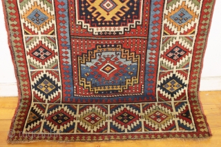 antique moghan long rug with absolutely beautiful natural colors and overall good condition for a genuine old rug. Bold and eye catching design. Lovely greens, aubergine, golds and a pretty yellow. Washed  ...