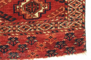 Antique turkoman chuval in good condition. Dense thick full pile. All good natural colors. Cotton or very light wool wefting. Appears to be Persian knotted open to the left. Needs a good  ...