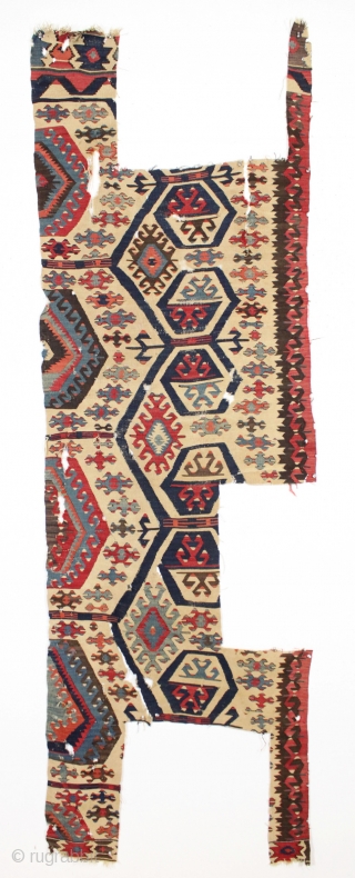 Early anatolian kelim fragment. All good old colors. Inexplicable condition. Appears to be show full length and width. mid 19th c. or earlier 2'8" x 8'6"       