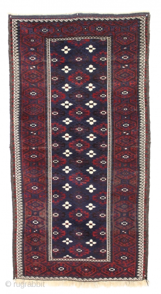 Antique large baluch. Lustrous wool, beautiful blues and saturated reds. Pretty good overall condition. Original brown oxidation. Great floor rug. Clean and sparkly crisp. late 19th c. 3'6" x 6'8"    ...