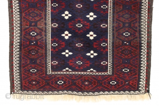 Antique large baluch. Lustrous wool, beautiful blues and saturated reds. Pretty good overall condition. Original brown oxidation. Great floor rug. Clean and sparkly crisp. late 19th c. 3'6" x 6'8"    ...