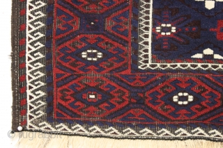 Antique large baluch. Lustrous wool, beautiful blues and saturated reds. Pretty good overall condition. Original brown oxidation. Great floor rug. Clean and sparkly crisp. late 19th c. 3'6" x 6'8"    ...