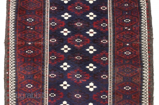 Antique large baluch. Lustrous wool, beautiful blues and saturated reds. Pretty good overall condition. Original brown oxidation. Great floor rug. Clean and sparkly crisp. late 19th c. 3'6" x 6'8"    ...