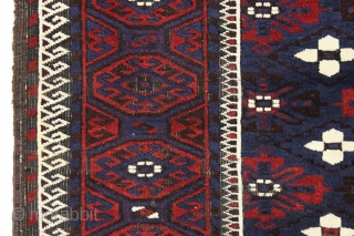Antique large baluch. Lustrous wool, beautiful blues and saturated reds. Pretty good overall condition. Original brown oxidation. Great floor rug. Clean and sparkly crisp. late 19th c. 3'6" x 6'8"    ...