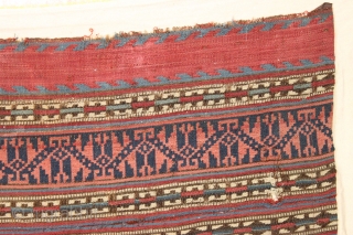 Antique textile jajim fragment. Fine fine fine. All natural colors. Lightly sewn onto cloth. Colorful older example. 19th c. 18" x 38"           