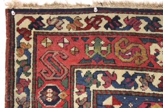Antique dated small caucasian prayer rug featuring a terrific main border. Good condition with full thick pile. Wide range of good natural colors including at least two shades of insect cochineal along  ...