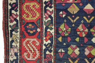 Antique dated small caucasian prayer rug featuring a terrific main border. Good condition with full thick pile. Wide range of good natural colors including at least two shades of insect cochineal along  ...