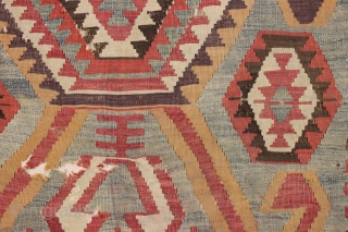 early anatolian kelim fragment. lightly sewn on to cloth. needs proper wash and  mounting. mid 19th c. 3'5" x 4'5"            