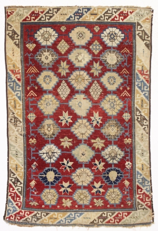 antique caucasian rug. Unusual little rug, maybe kuba or possibly avar, with a soft palette and some attractive archaic elements. As found, very dirty with some good pile and some wear as  ...