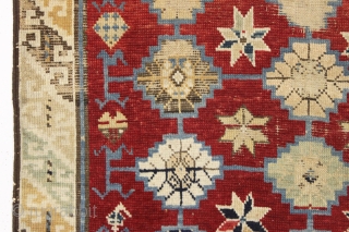 antique caucasian rug. Unusual little rug, maybe kuba or possibly avar, with a soft palette and some attractive archaic elements. As found, very dirty with some good pile and some wear as  ...