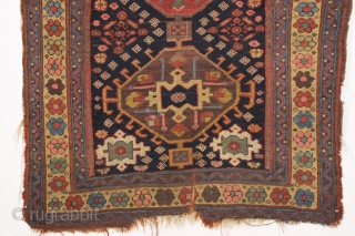 antique northwest persian or kurdish rug. As found, very very dirty but mostly good pile and beautiful all natural colors. Old moth damage in top right corner and a  spot of  ...