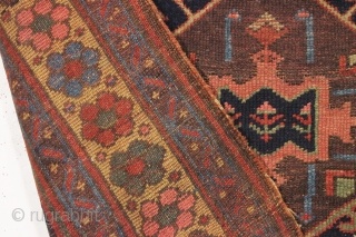 antique northwest persian or kurdish rug. As found, very very dirty but mostly good pile and beautiful all natural colors. Old moth damage in top right corner and a  spot of  ...