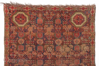 Antique small ersari beshir rug. Interesting example with a wonderful border and an abrashed blue ground. Reasonably fine weave. All natural colors with a fine red. "as found" condition, quite dirty, with  ...