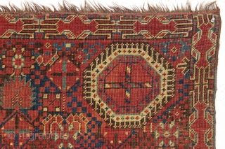 Antique small ersari beshir rug. Interesting example with a wonderful border and an abrashed blue ground. Reasonably fine weave. All natural colors with a fine red. "as found" condition, quite dirty, with  ...