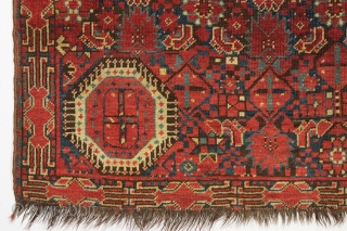 Antique small ersari beshir rug. Interesting example with a wonderful border and an abrashed blue ground. Reasonably fine weave. All natural colors with a fine red. "as found" condition, quite dirty, with  ...